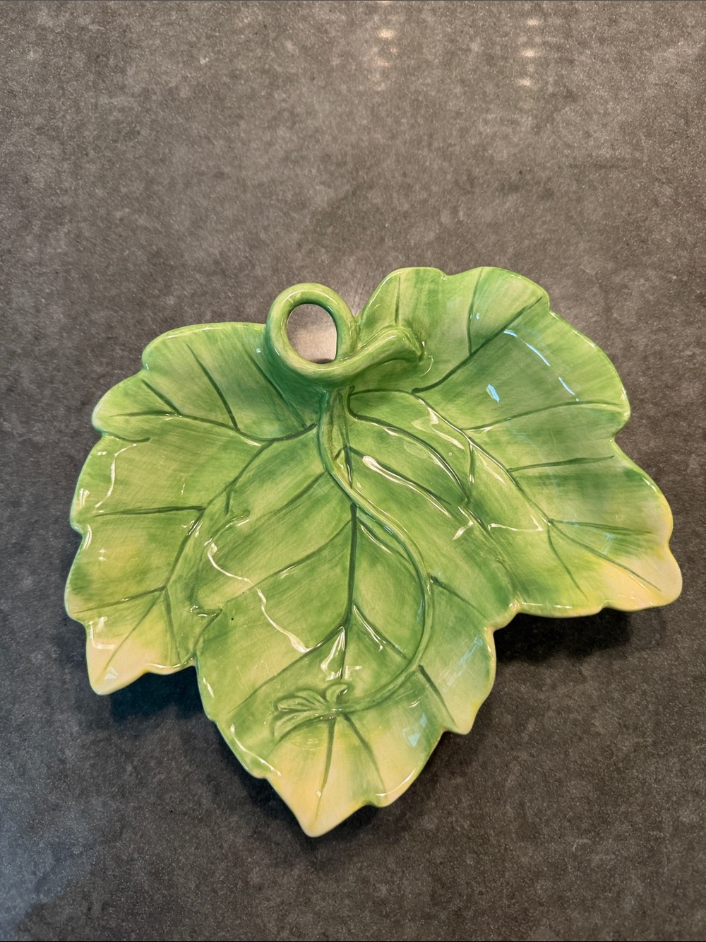 Fitz and Floyd Leaf-Shaped Ceramic Tray in Green with Yellow Highlights